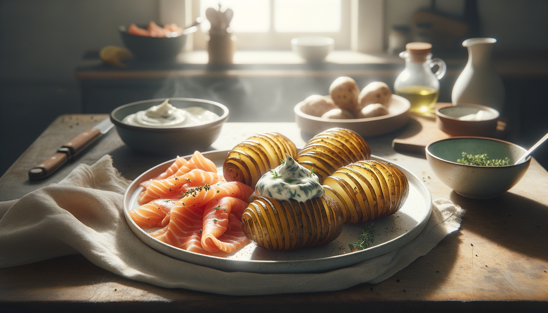 Swedish Hasselback Potatoes with Herbed Sour Cream and Smoked Salmon