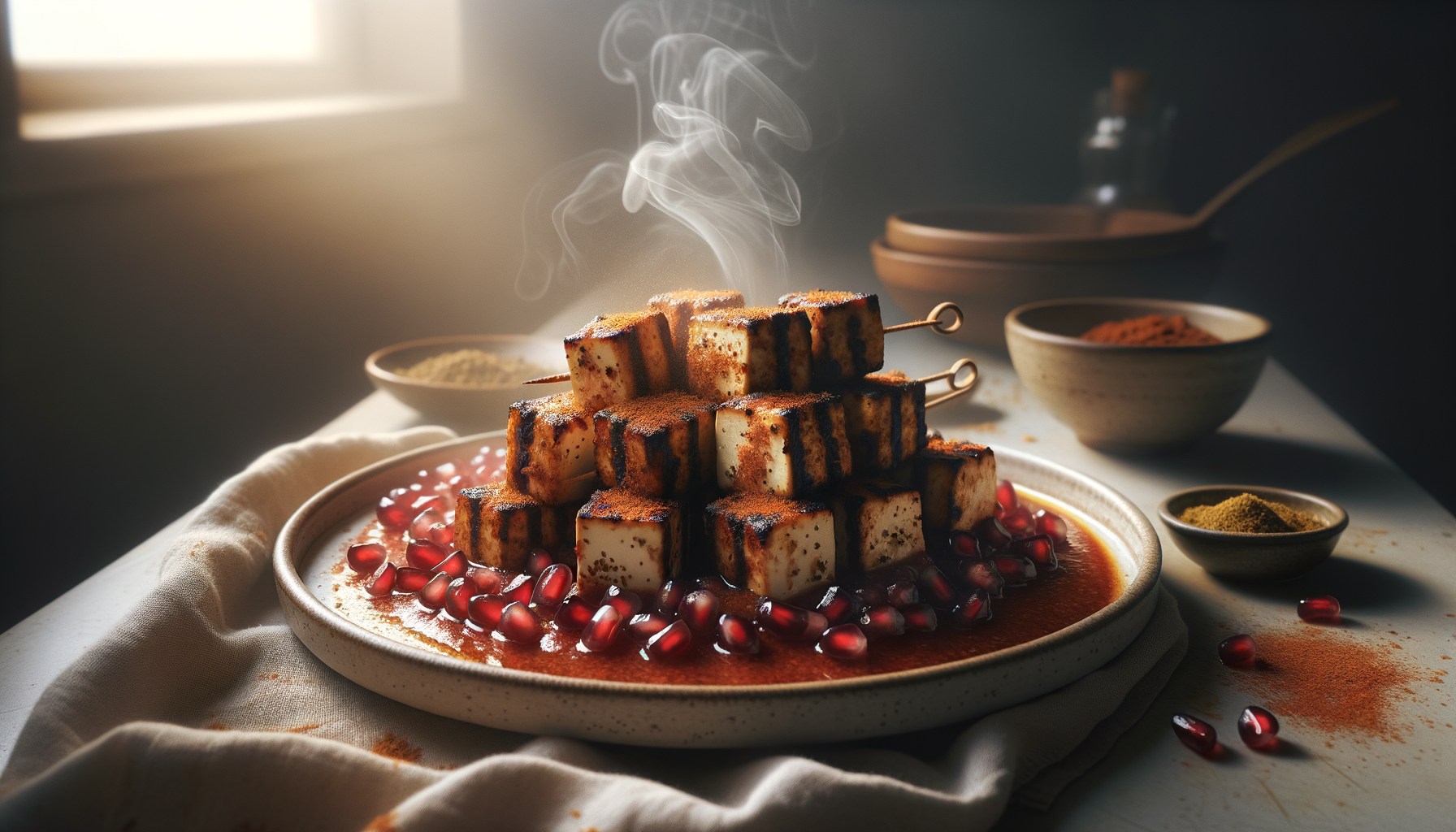 Sumac-Sprinkled Kurdish Paneer Kebabs with Fire-Roasted Pomegranate Sauce