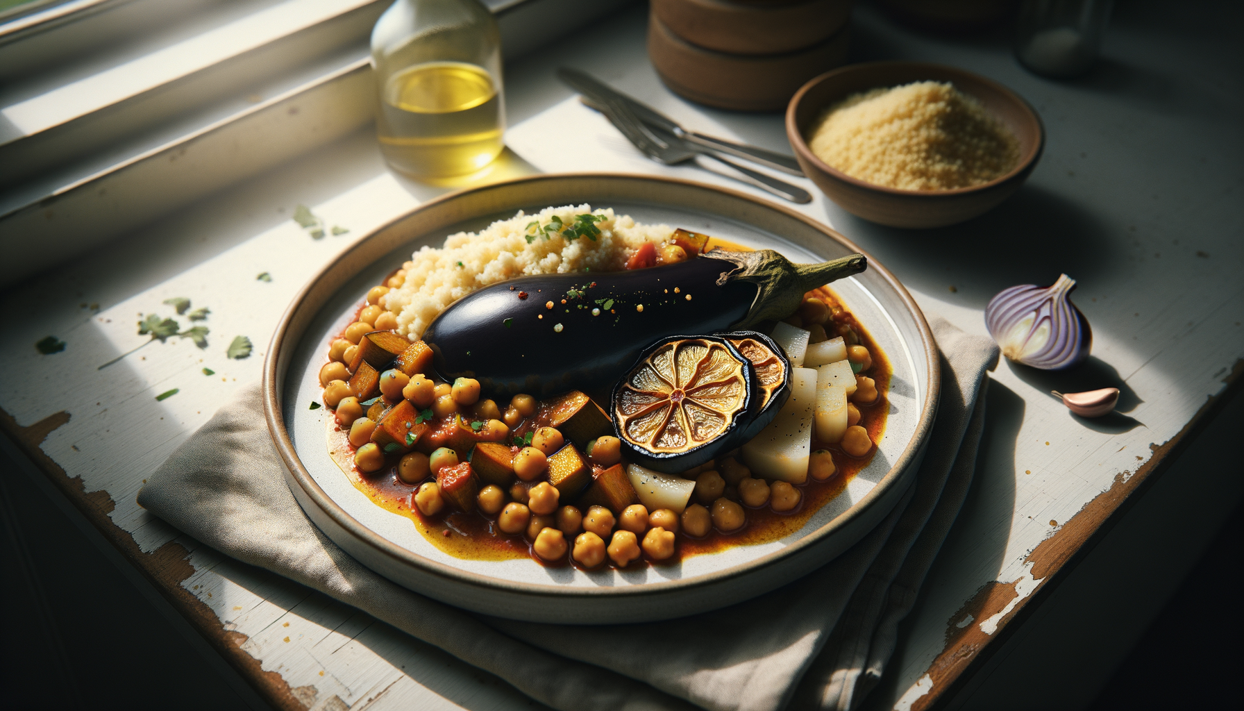 Eggplant and Chickpea Tajine with Preserved Lemon and Couscous